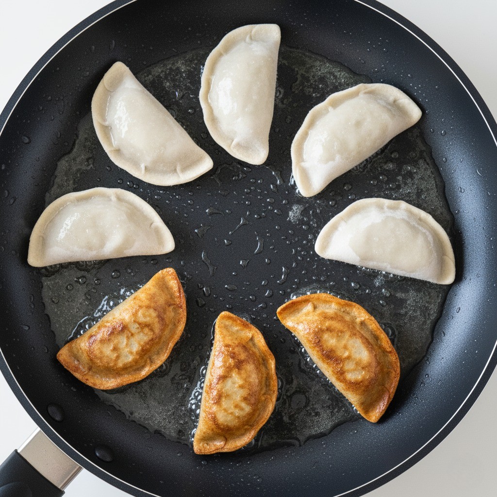 만두 밑면이 노릇하게 구워진 모습