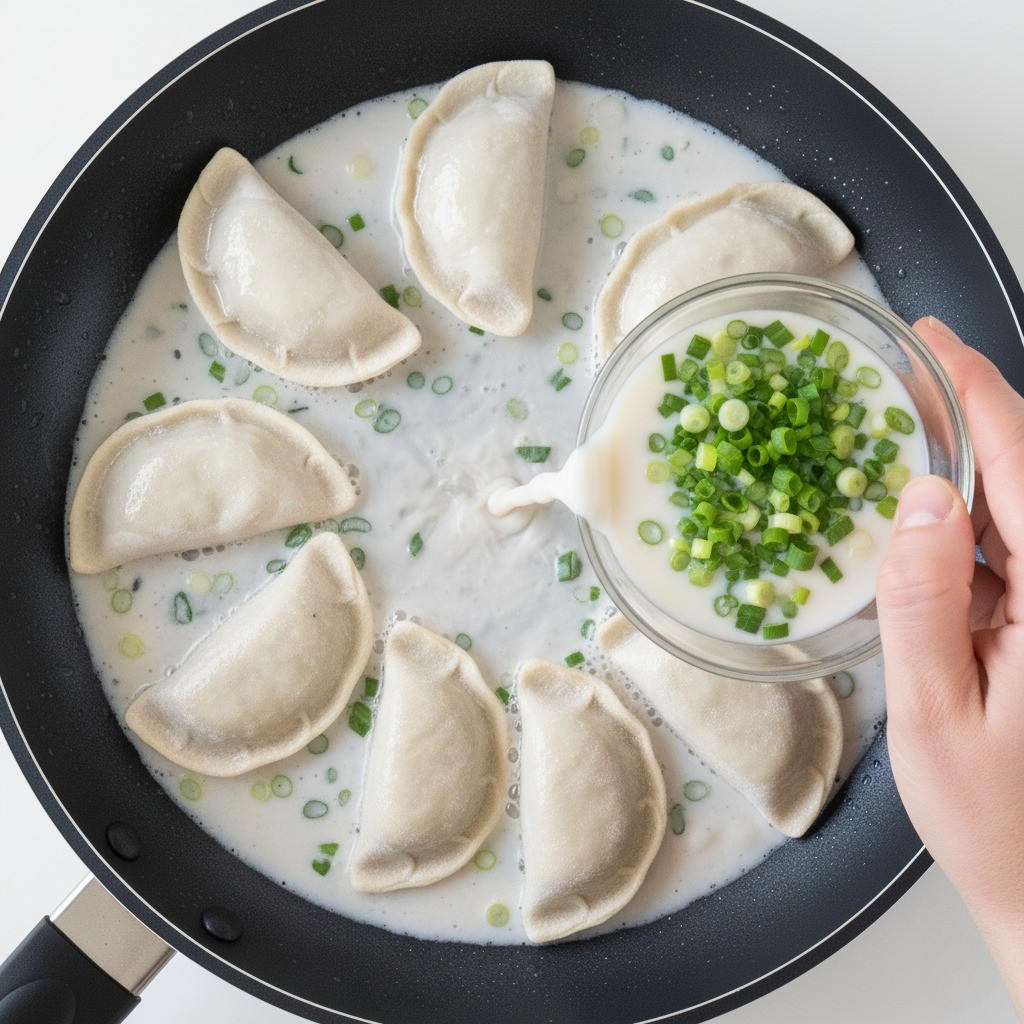 팬에 밀가루 물과 쪽파를 붓는 모습