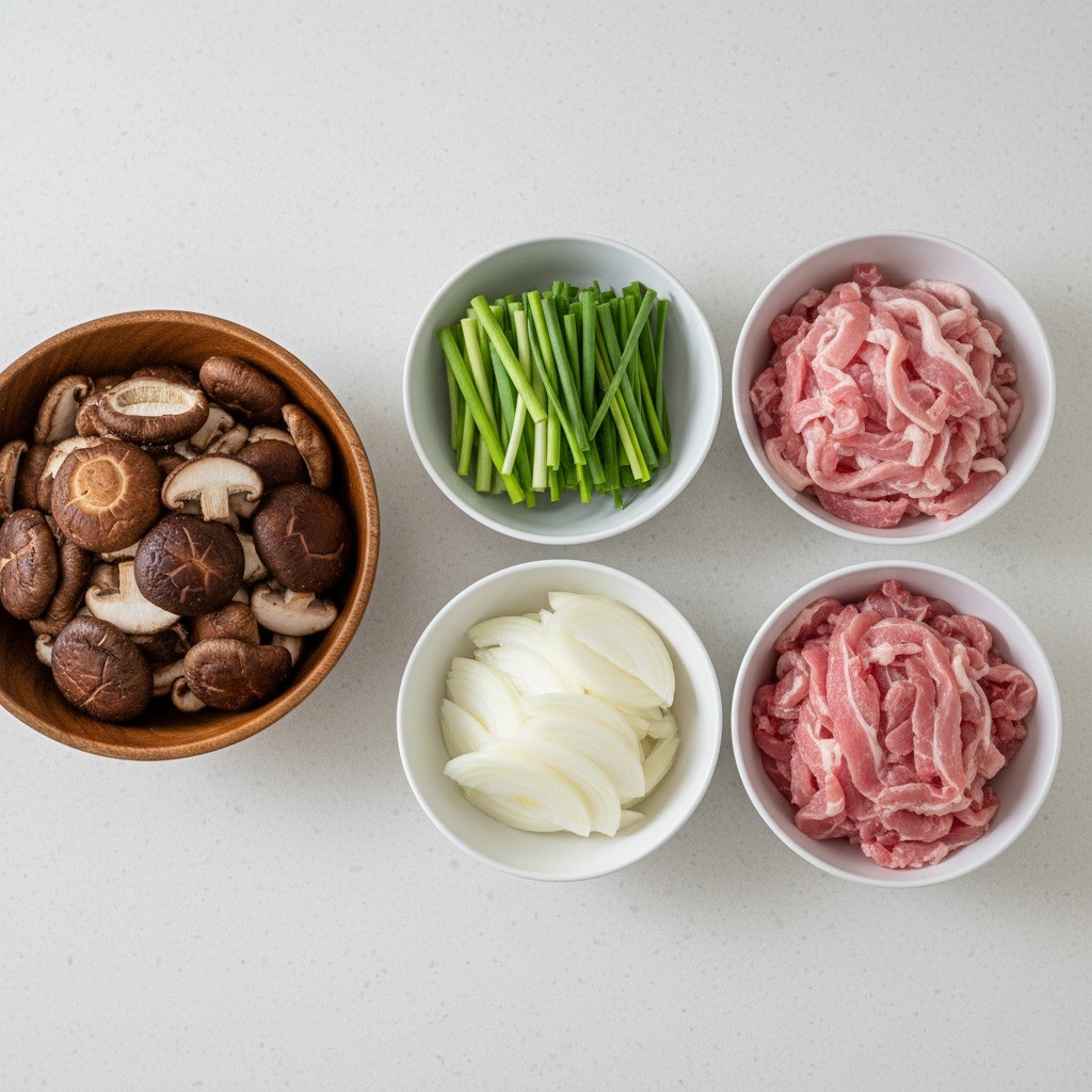 손질된 표고버섯, 대파, 양파, 돼지고기 재료들
