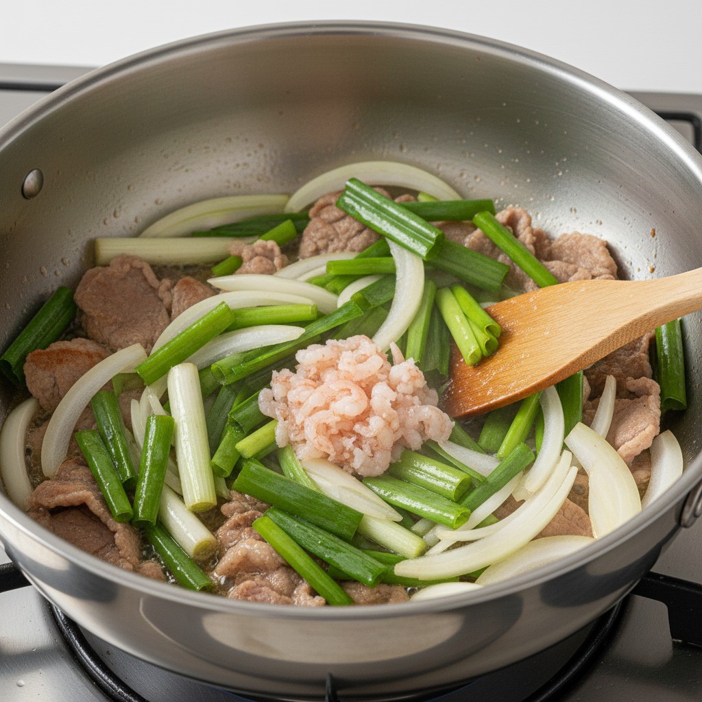 볶던 고기에 대파, 양파, 새우젓을 넣고 볶는 장면