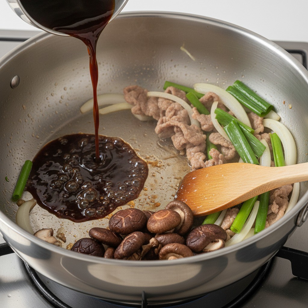 표고버섯을 넣고 볶다가 간장을 넣어 향을 입히는 모습