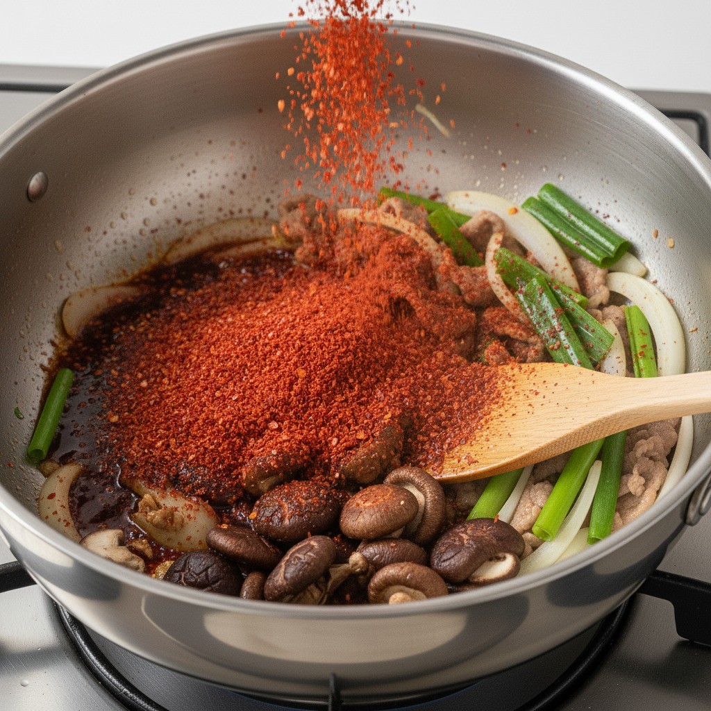 재료에 고춧가루를 넣고 볶아 빨간 고추기름을 내는 장면