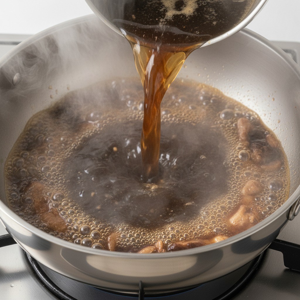 냄비에 표고버섯 불린 물과 사골 육수를 붓고 끓이는 모습