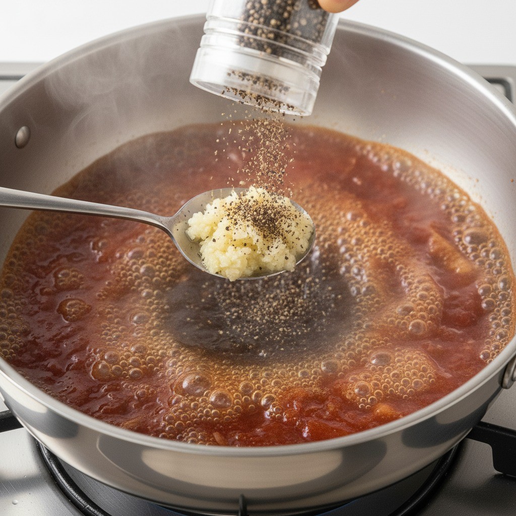 끓는 국밥에 간 마늘과 후추를 넣고 간을 맞추는 모습