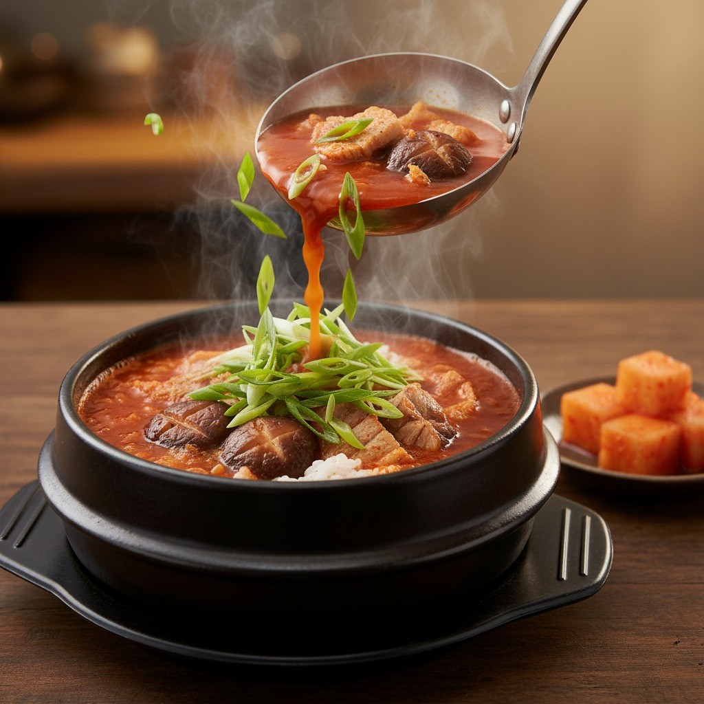 뚝배기에 밥과 국밥을 담고 송송 썬 대파를 올린 완성된 영표국밥