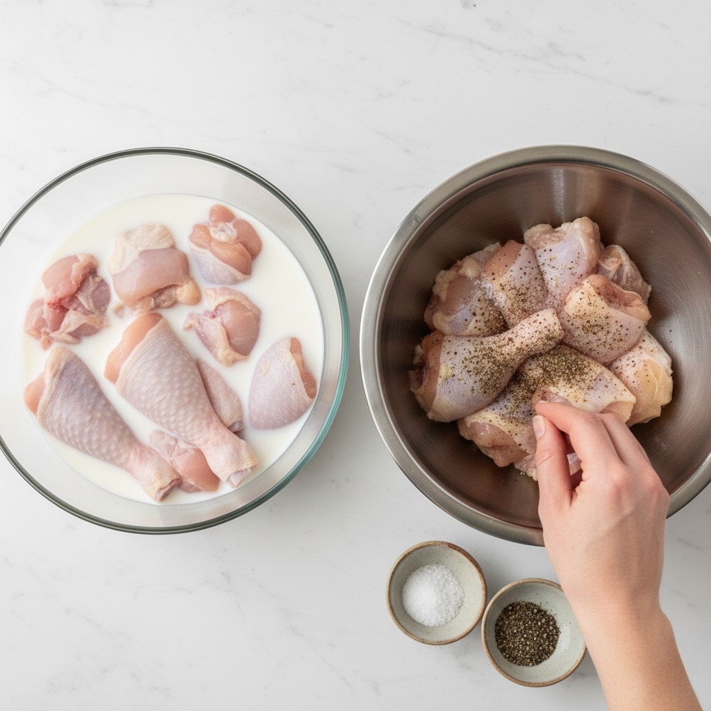 깨끗이 손질된 닭에 소금과 후추를 뿌려 염지하는 모습