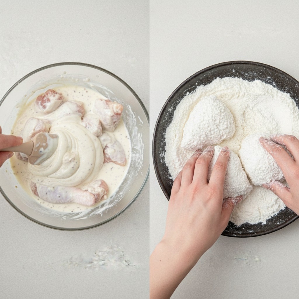 염지된 닭에 튀김가루와 물을 섞어 반죽을 만드는 모습