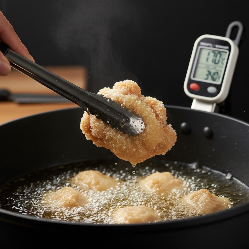 끓는 기름에 닭을 넣고 1차로 튀기는 장면