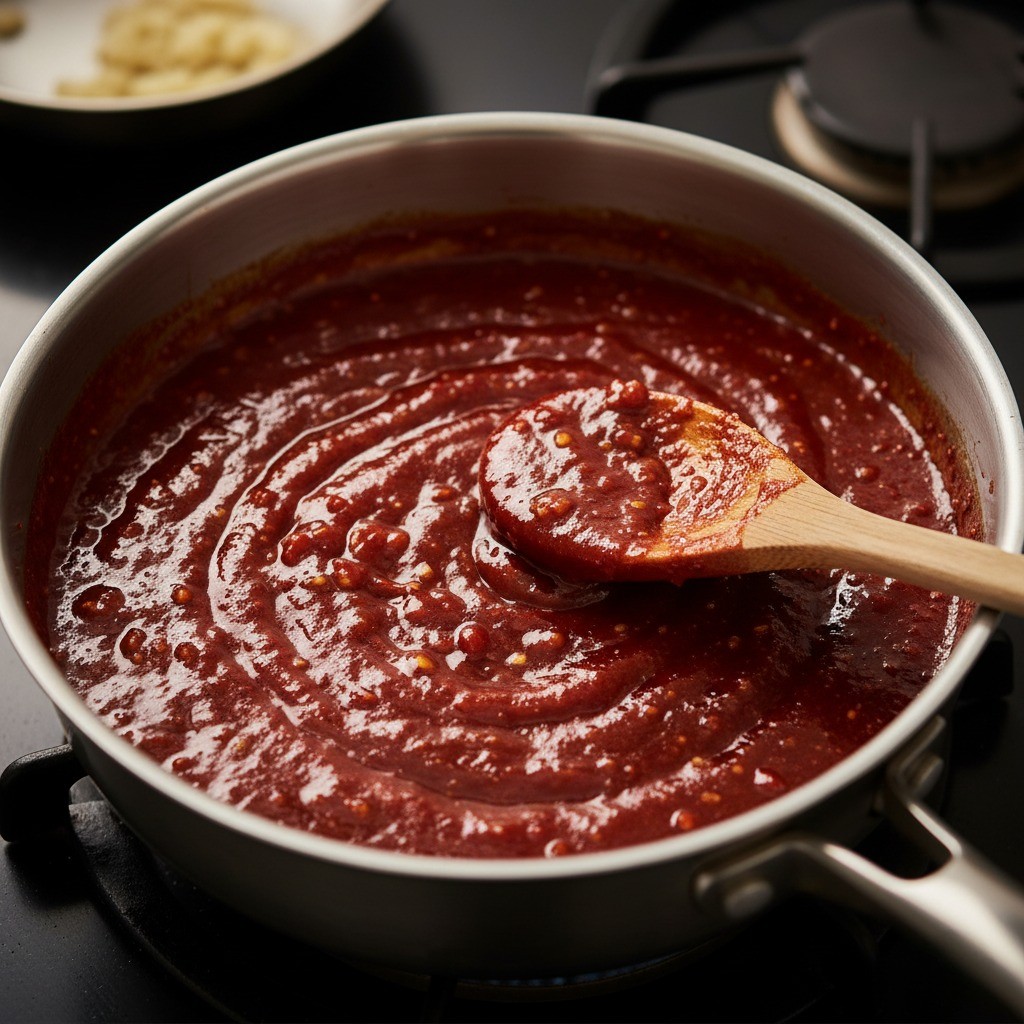 냄비에서 양념치킨 소스가 끓고 있는 모습