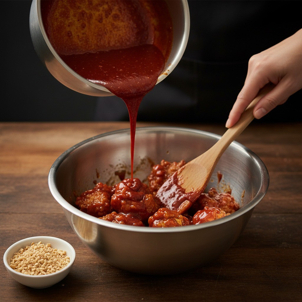 완성된 양념 소스에 튀긴 치킨을 버무리는 모습