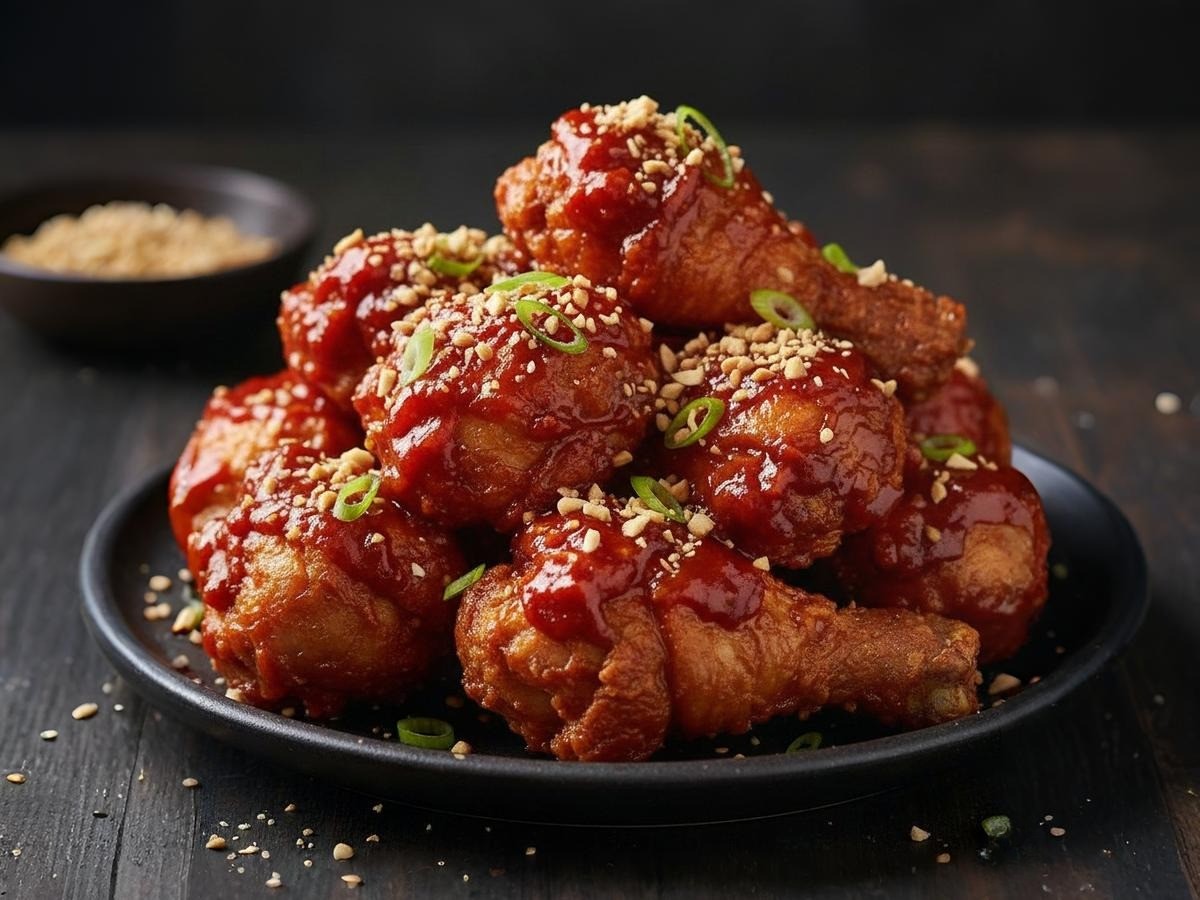 바삭하게 튀겨진 닭고기에 매콤달콤한 양념이 버무려진 먹음직스러운 백종원표 양념치킨