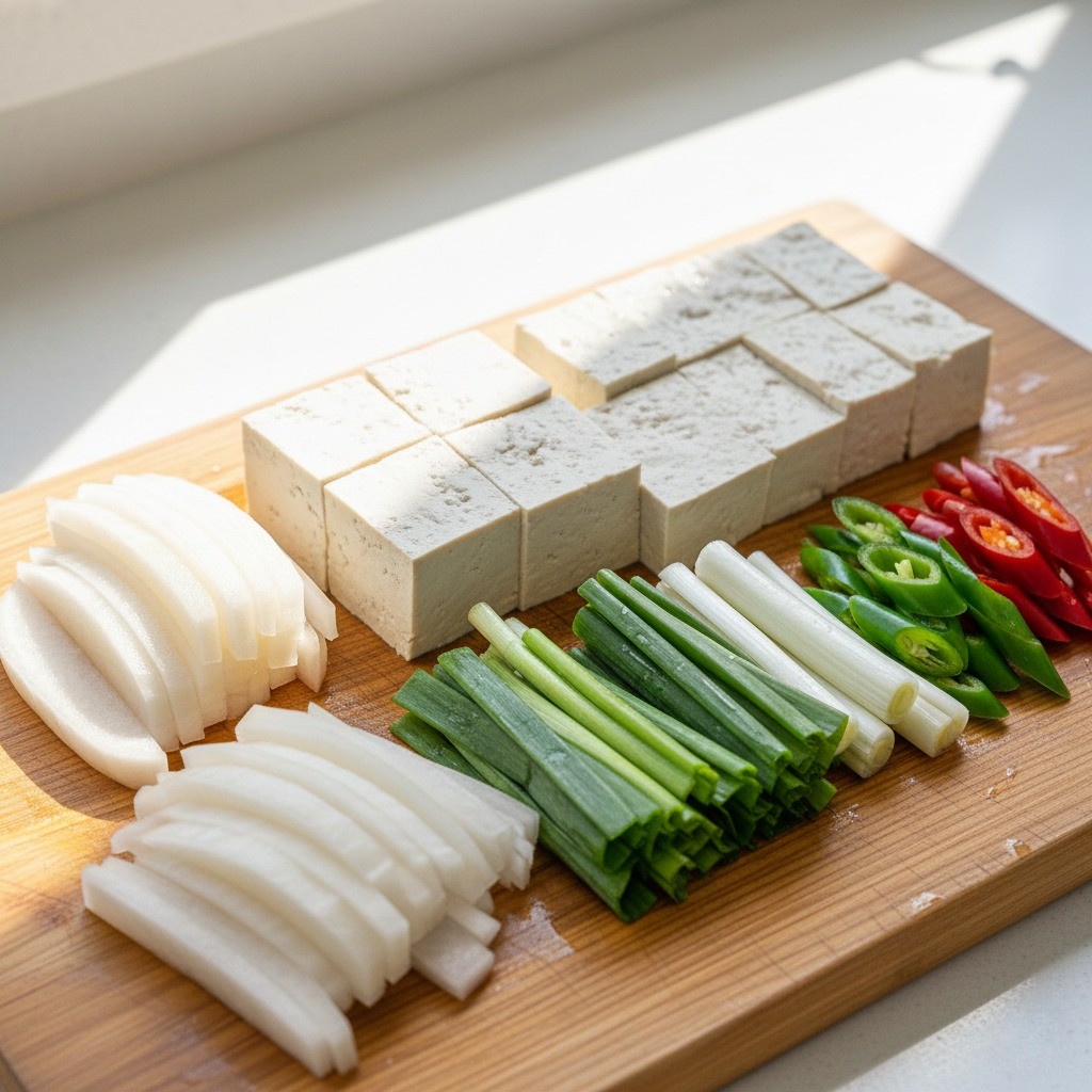 무, 두부, 대파, 고추를 써는 모습