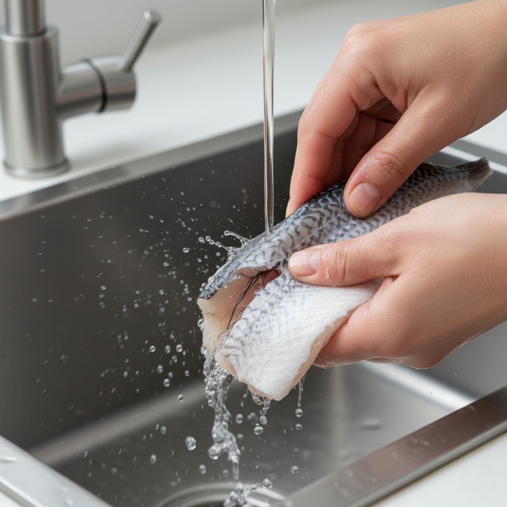 동태를 물에 씻어 핏물을 제거하는 모습