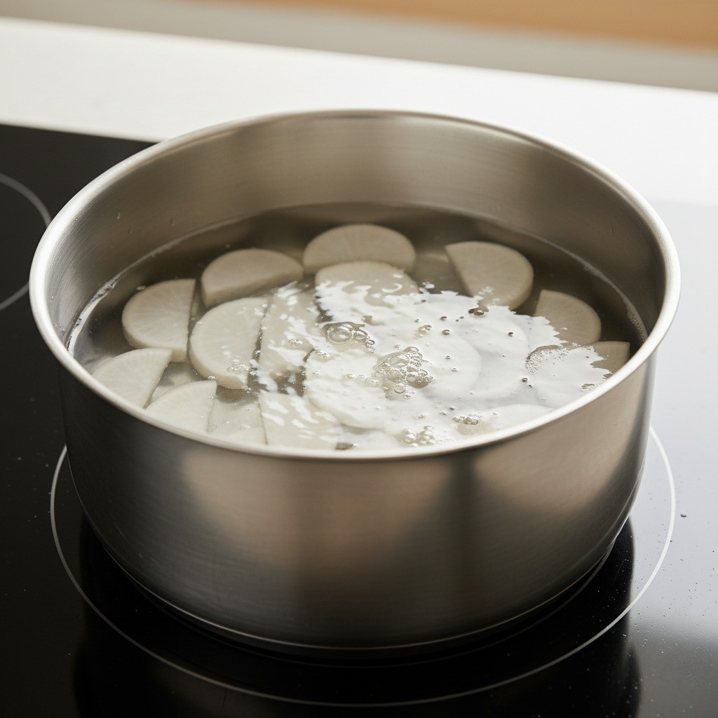 냄비에 물과 무를 넣고 끓이는 모습