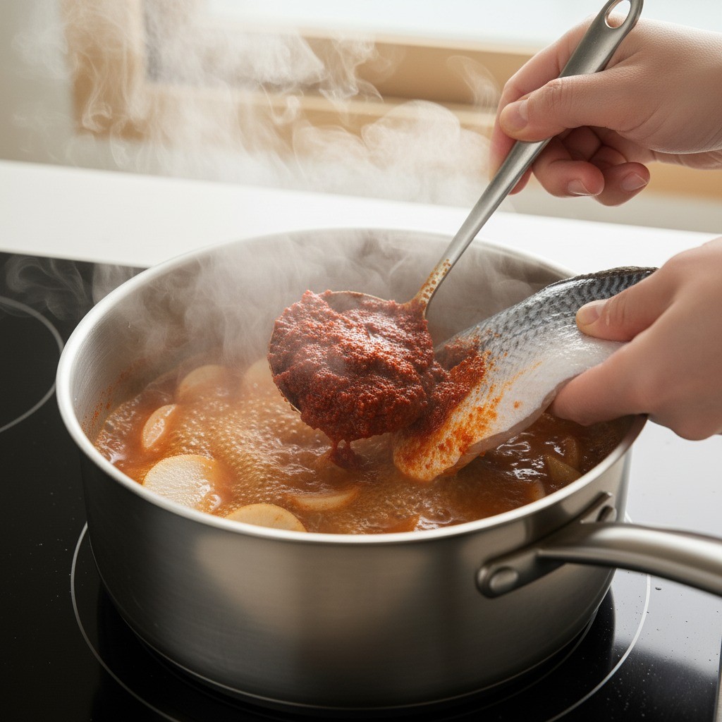 끓는 국물에 양념장과 동태를 넣는 모습