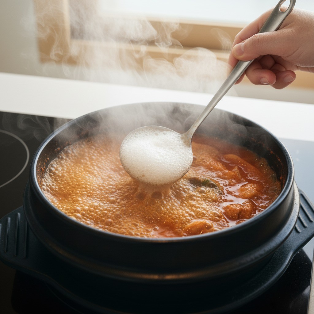 찌개의 거품을 걷어내는 모습