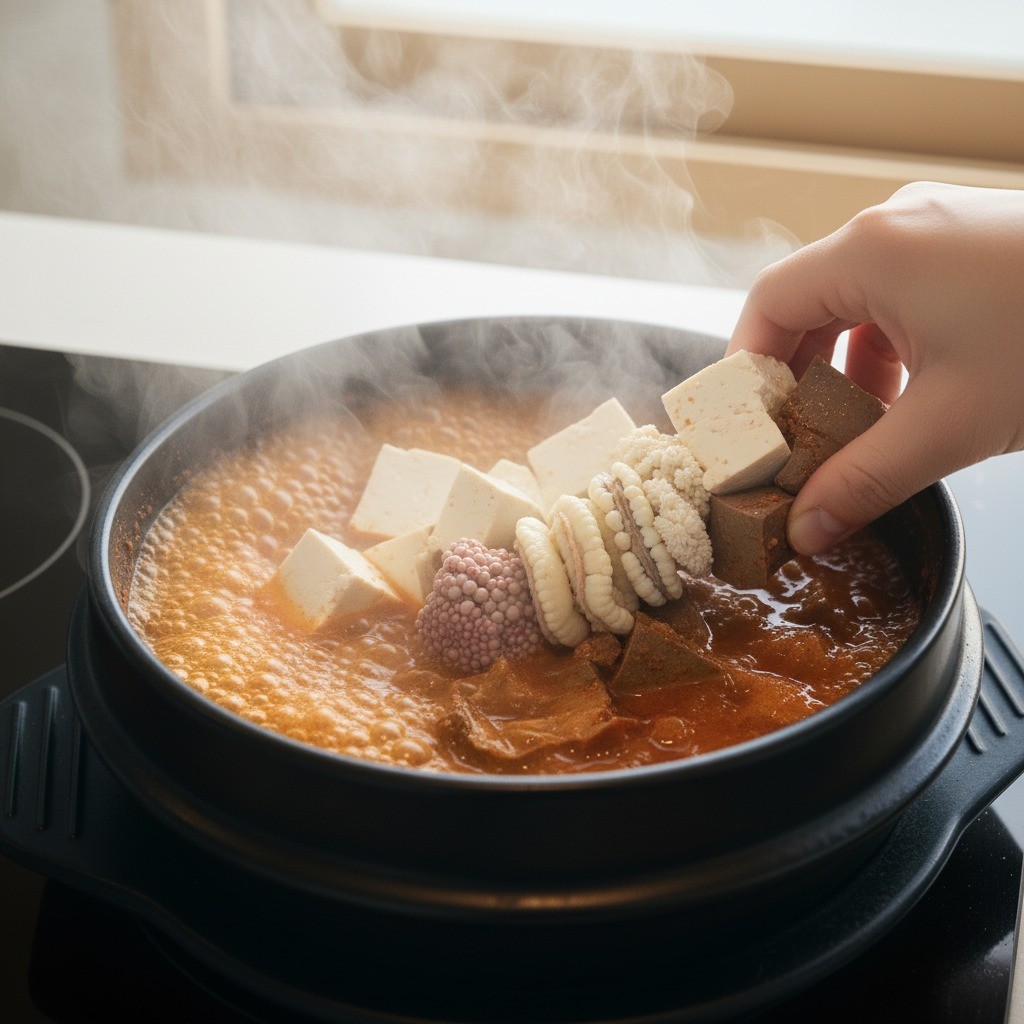 찌개에 두부와 동태 알, 이리를 넣는 모습
