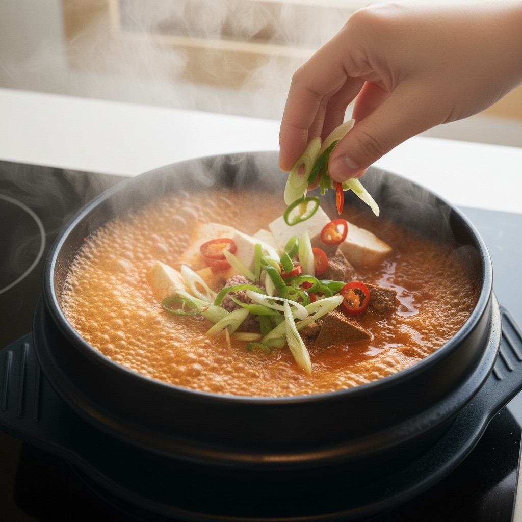 찌개에 대파와 고추를 넣는 모습