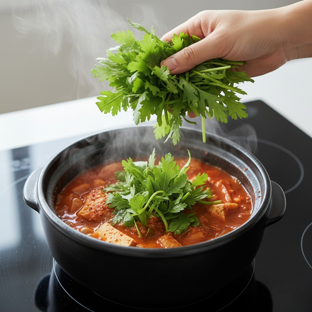 완성된 동태찌개 위에 쑥갓을 올린 모습