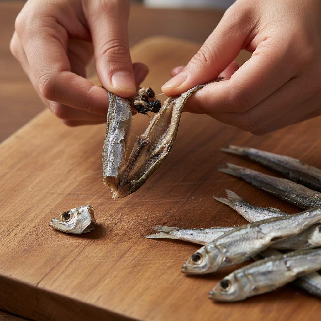 멸치 내장 제거하는 손질 모습