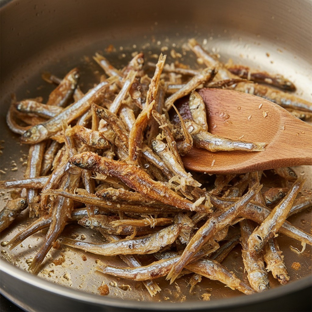 냄비에서 멸치와 디포리를 볶는 모습