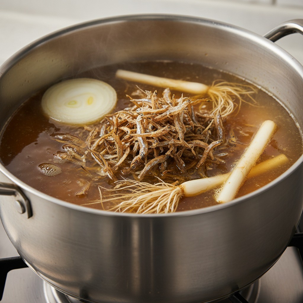 냄비에서 육수 재료가 끓고 있는 모습