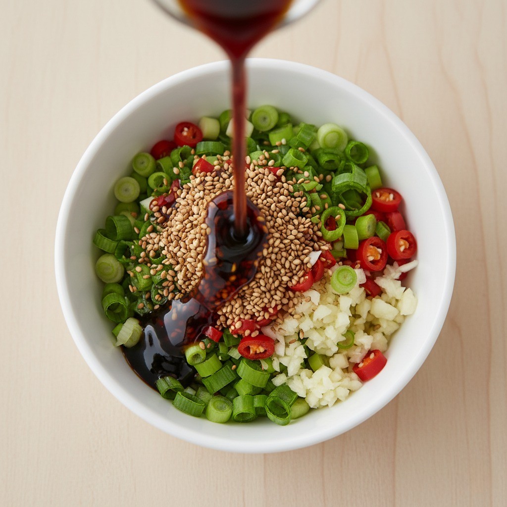 그릇에 양념장 재료를 섞는 모습