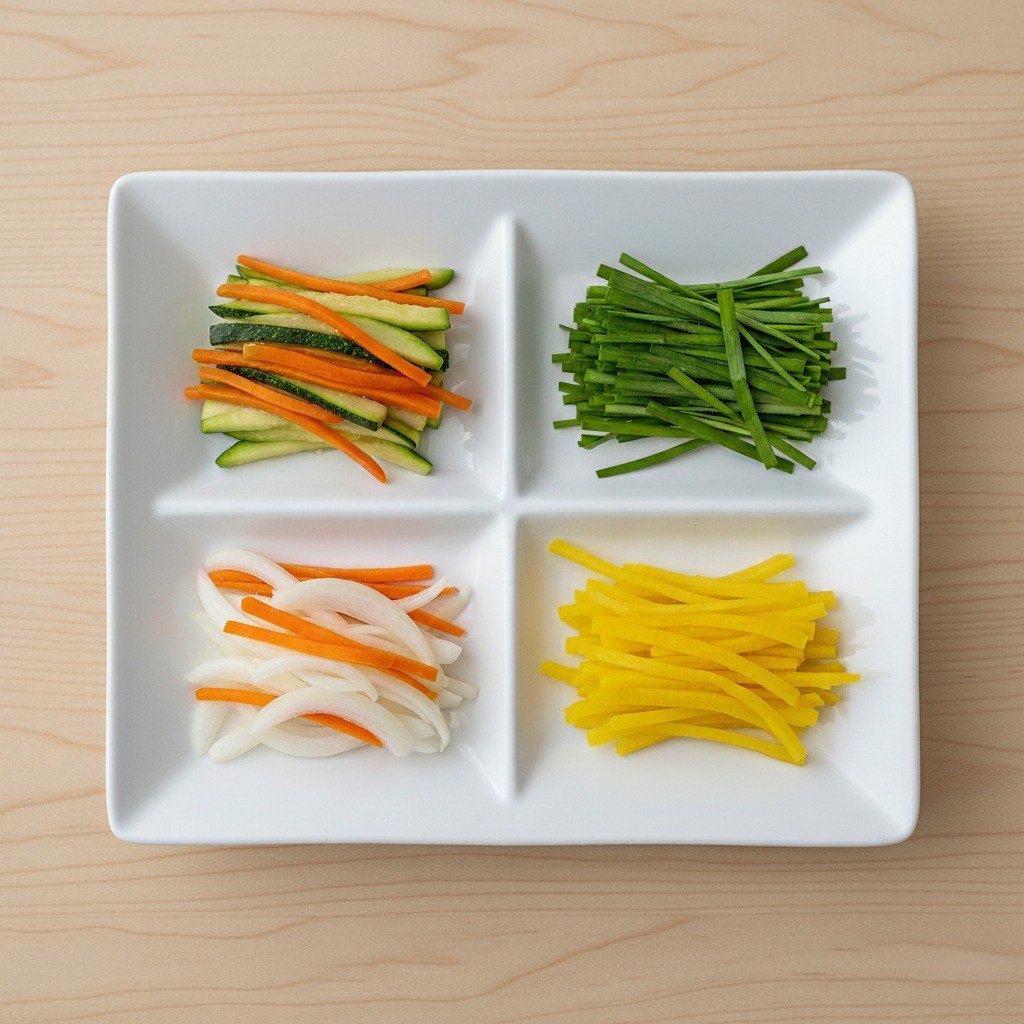 애호박, 당근 등 고명 재료가 준비된 모습