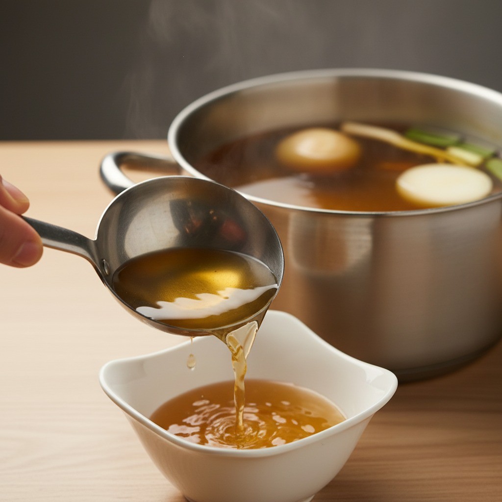 완성된 육수의 간을 보는 모습