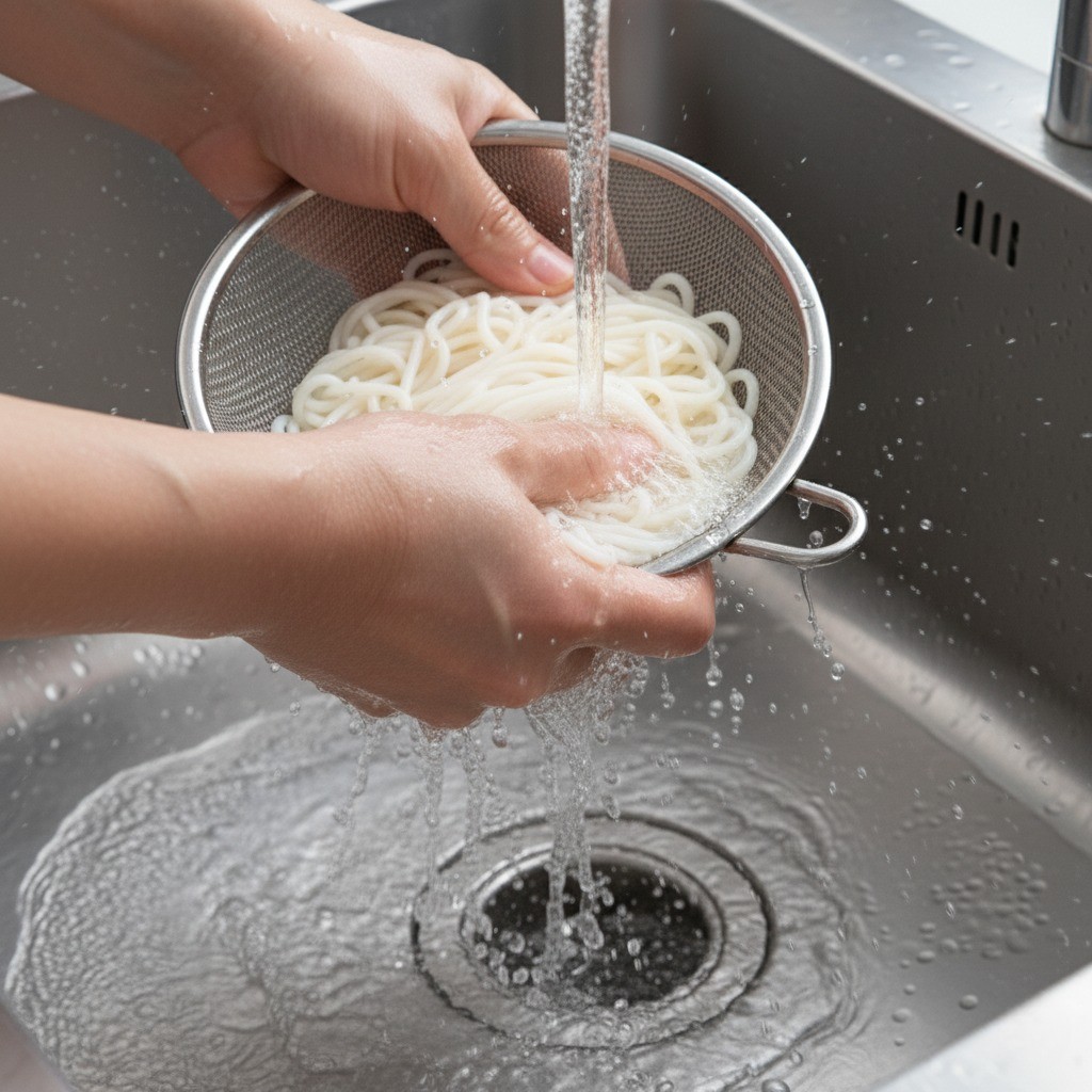 삶은 소면을 찬물에 헹구는 모습
