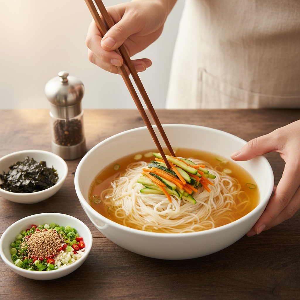 완성된 멸치국수에 고명을 올리는 모습