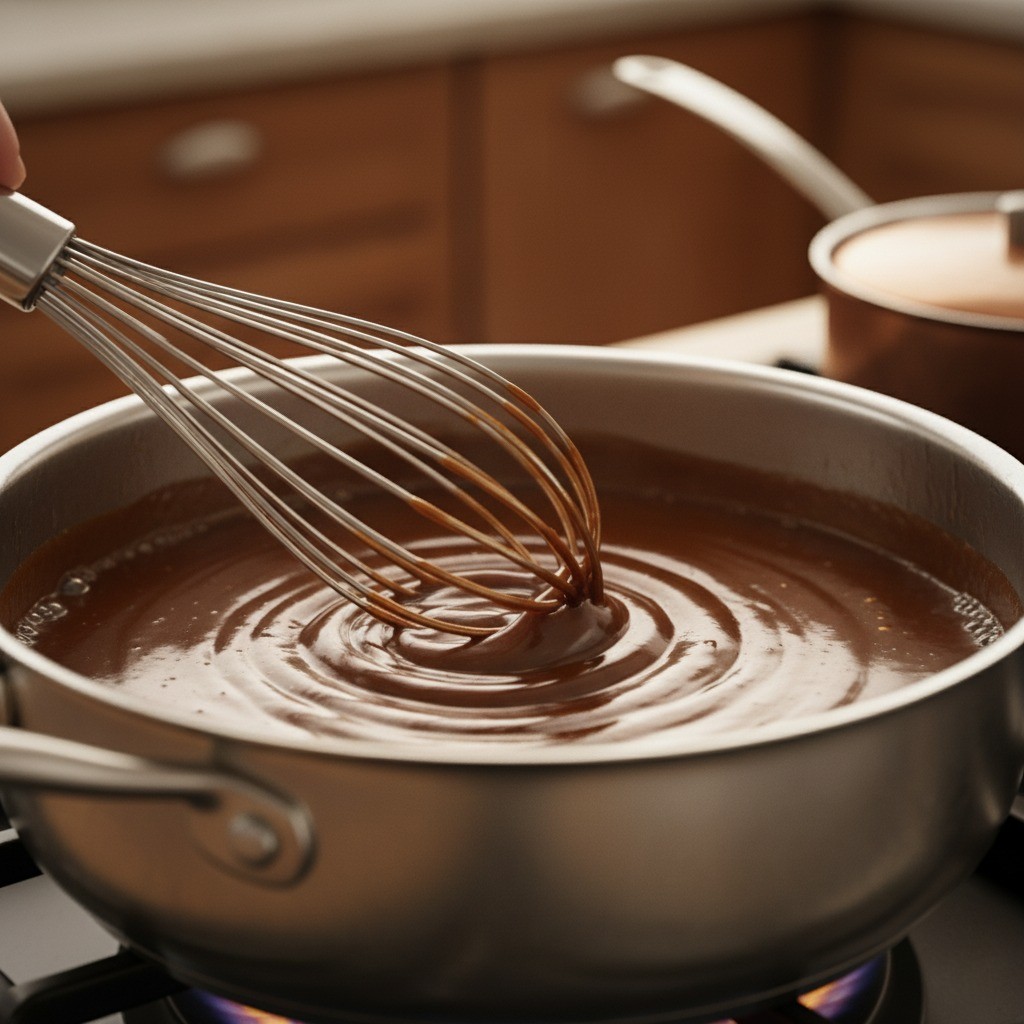 전분을 넣고 소스를 저어가며 끓이는 과정