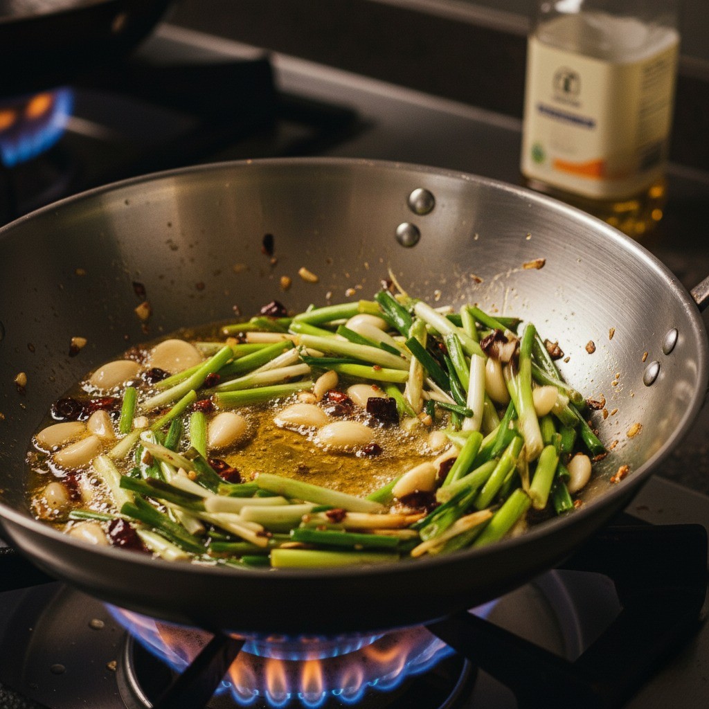 팬에 파와 고추를 볶아 파기름을 내는 모습