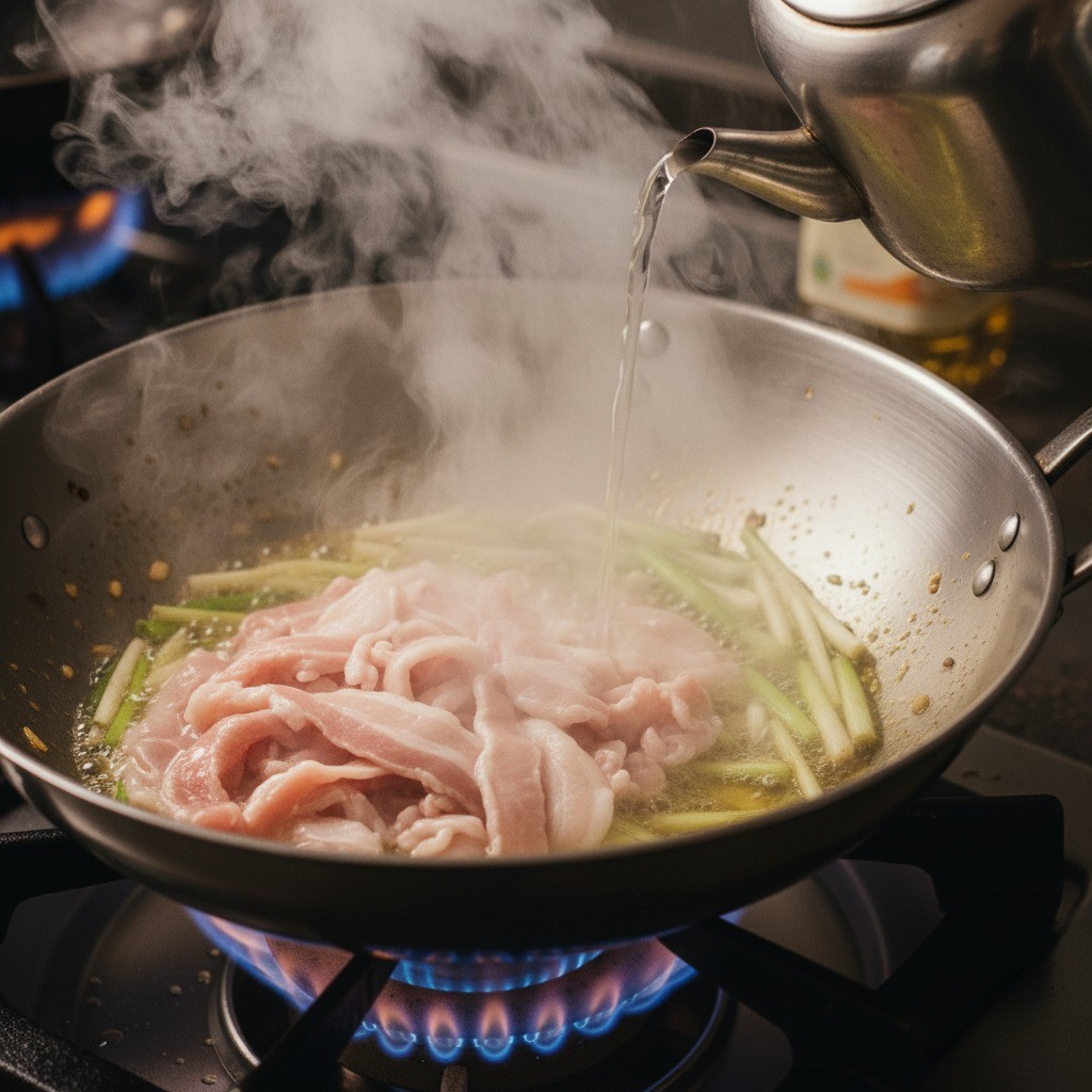 돼지고기를 물과 함께 볶는 과정