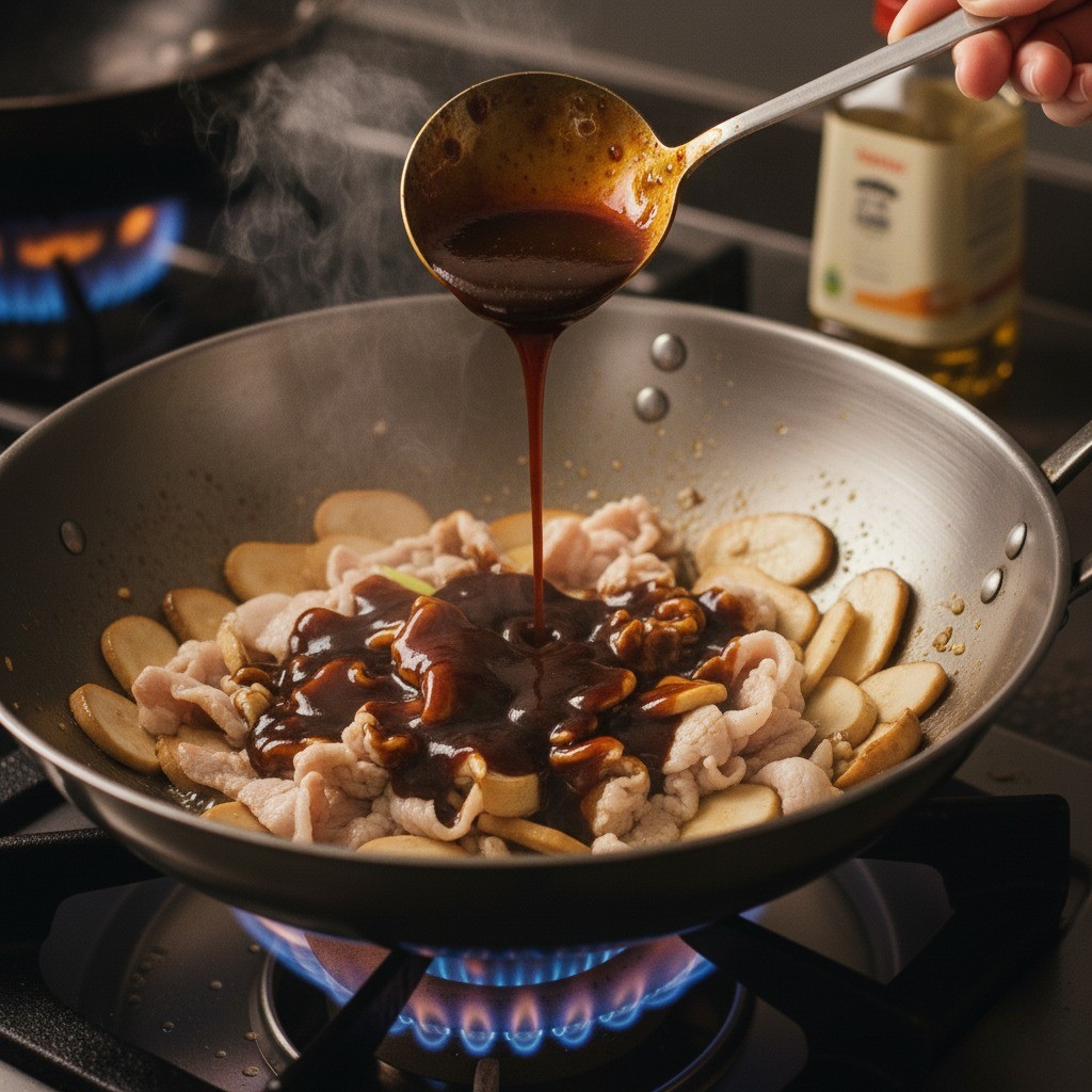 버섯 볶음에 만능 소스를 넣고 볶는 모습