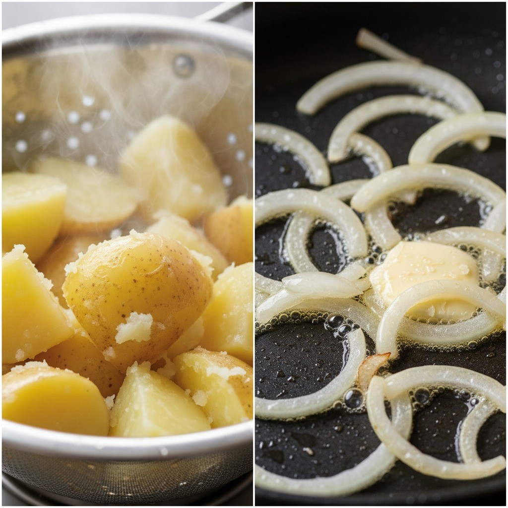 감자 익히고 양파 볶기