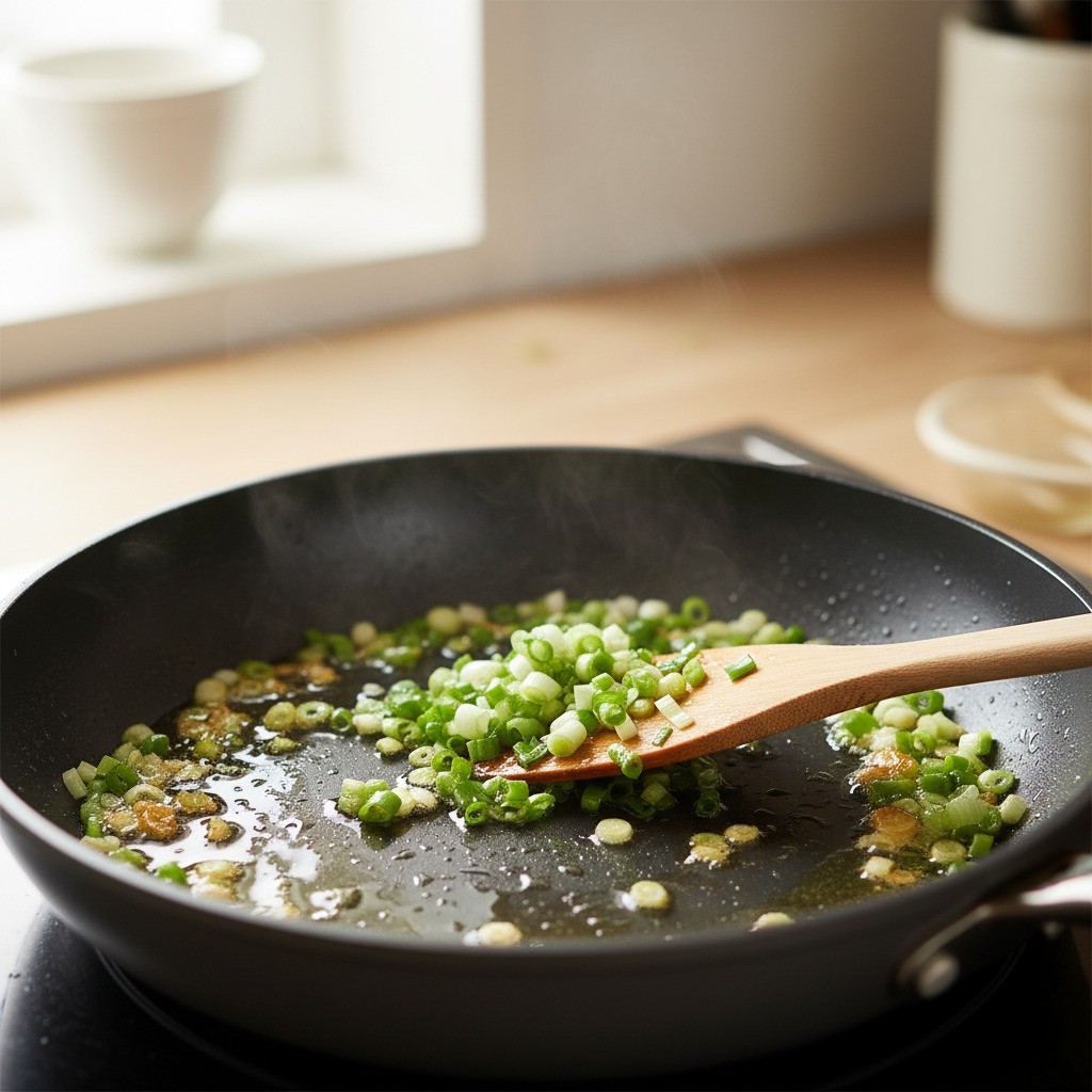 팬에 다진 파와 식용유를 넣고 볶는 장면