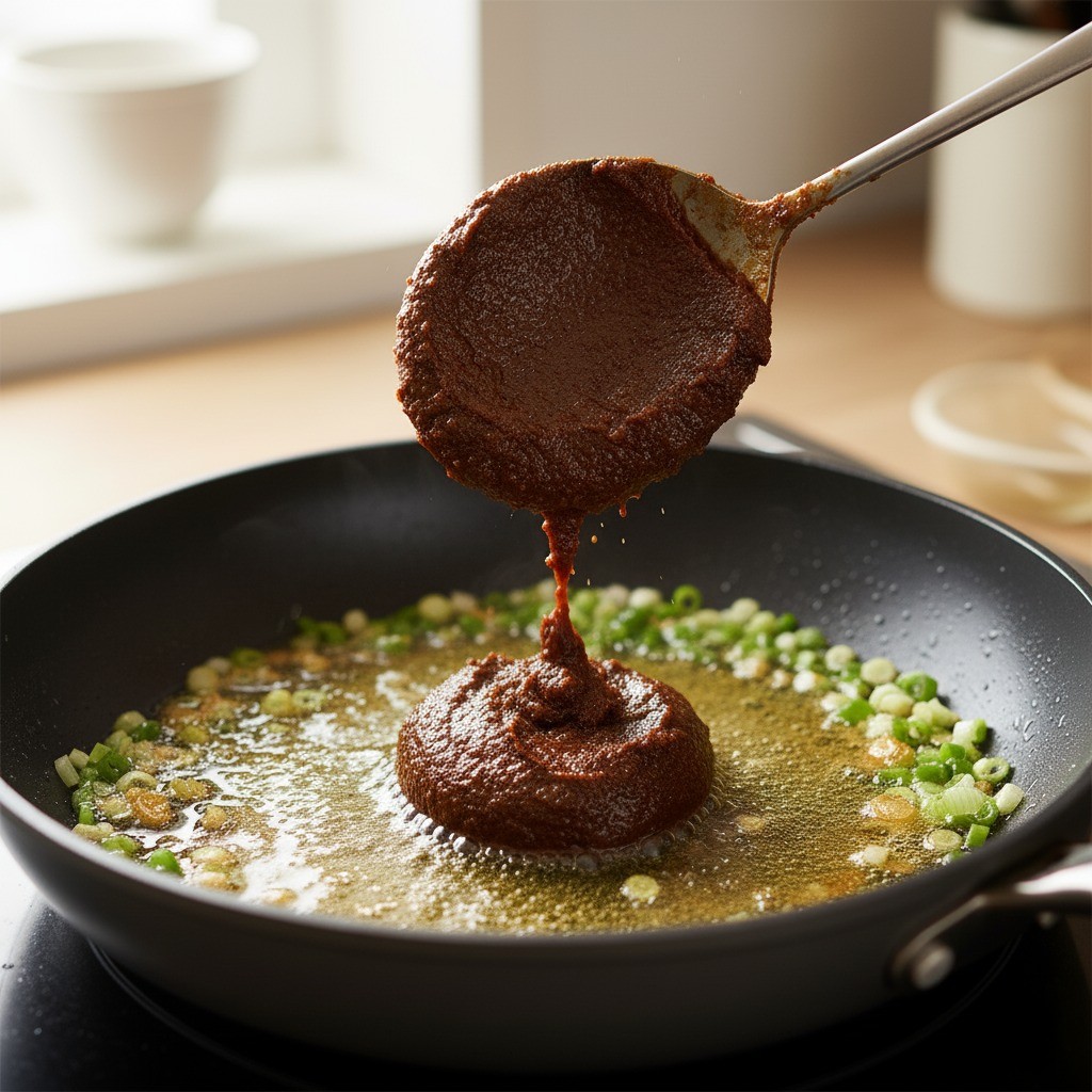 파기름에 된장을 넣고 볶는 장면