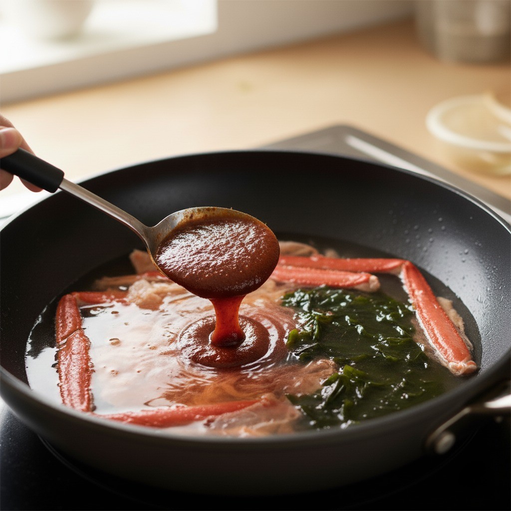 냄비에 물, 스프, 양념장, 홍게를 넣는 장면