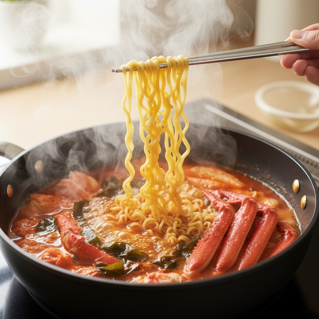 홍게와 함께 라면이 끓고 있는 장면