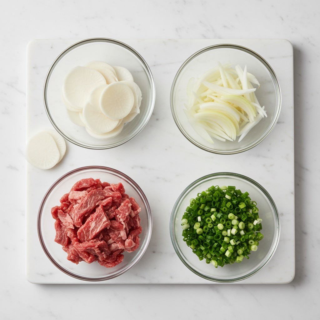 소고기 무국 재료 손질 - 나박 썬 무와 채 썬 양파, 송송 썬 대파