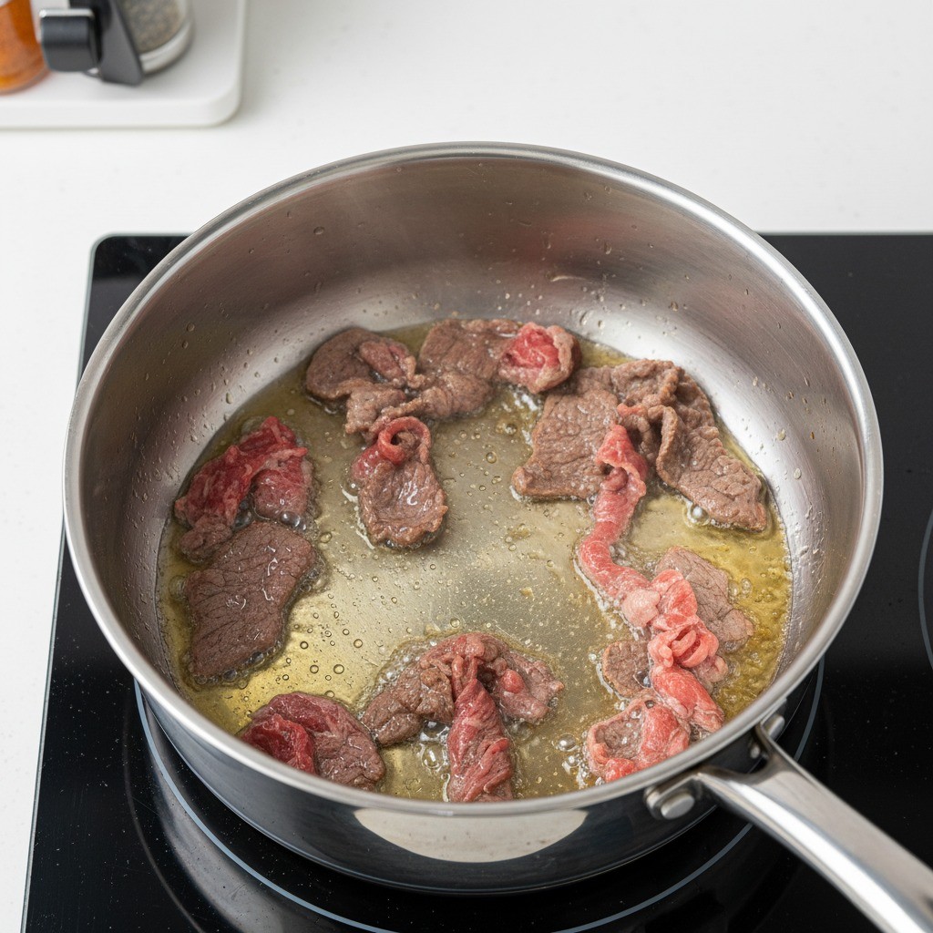 냄비에 참기름과 식용유를 두르고 소고기 볶는 과정