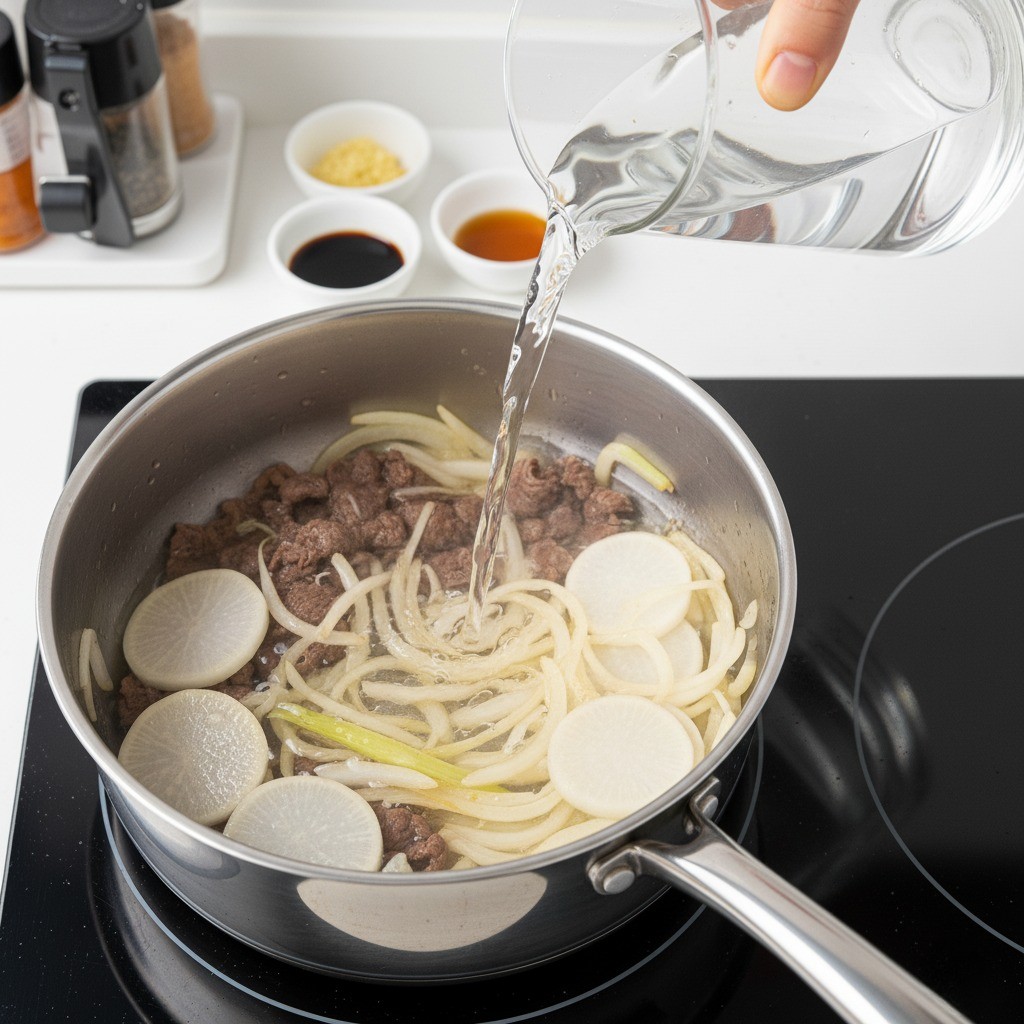 소고기 무국에 물 붓고 간마늘, 국간장, 멸치액젓으로 간하기