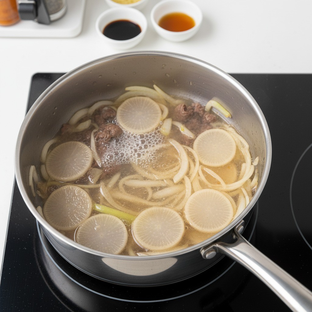 소고기 무국이 냄비에서 중불로 끓고 있는 모습