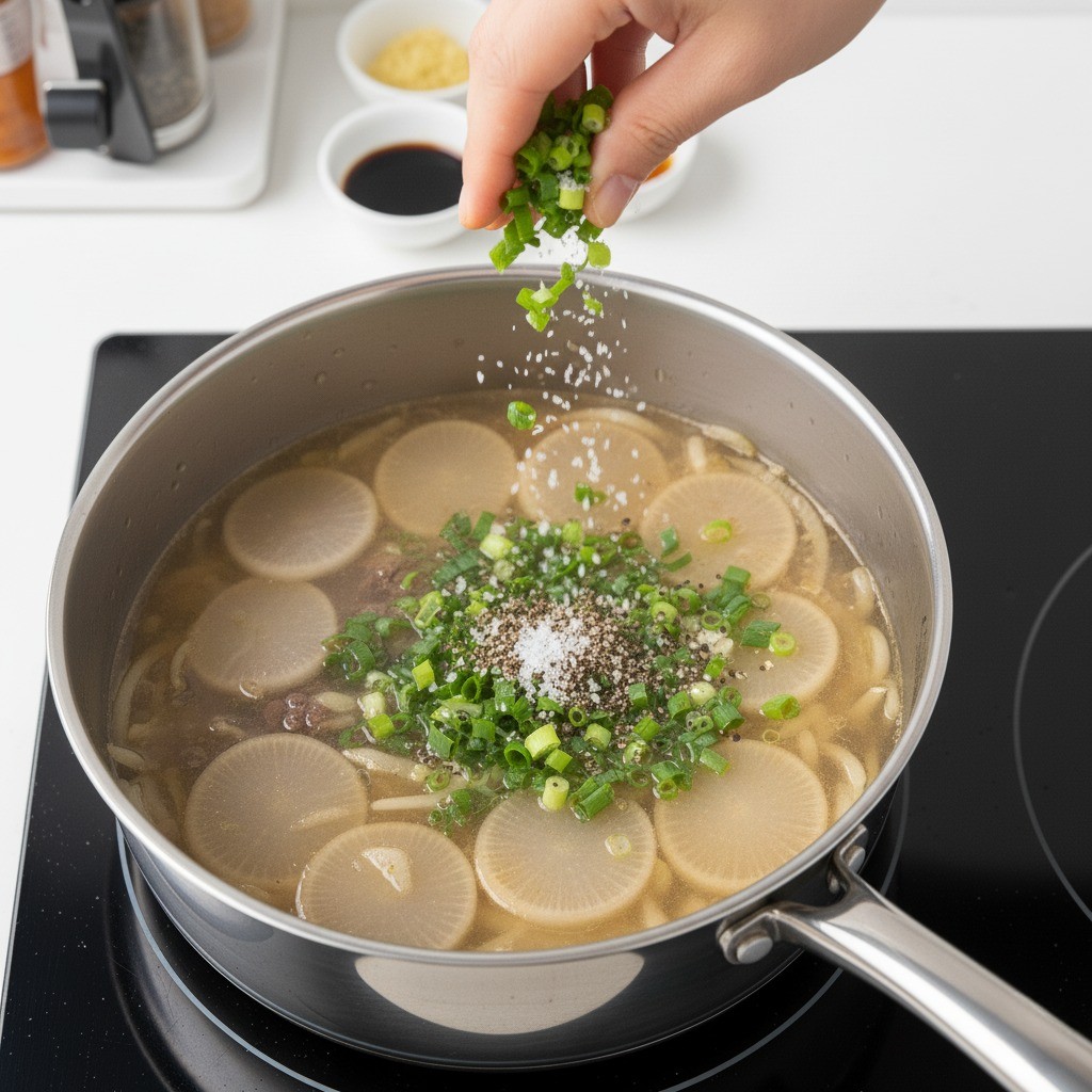 완성 직전 대파, 꽃소금, 후추를 넣어 마무리하는 소고기 무국