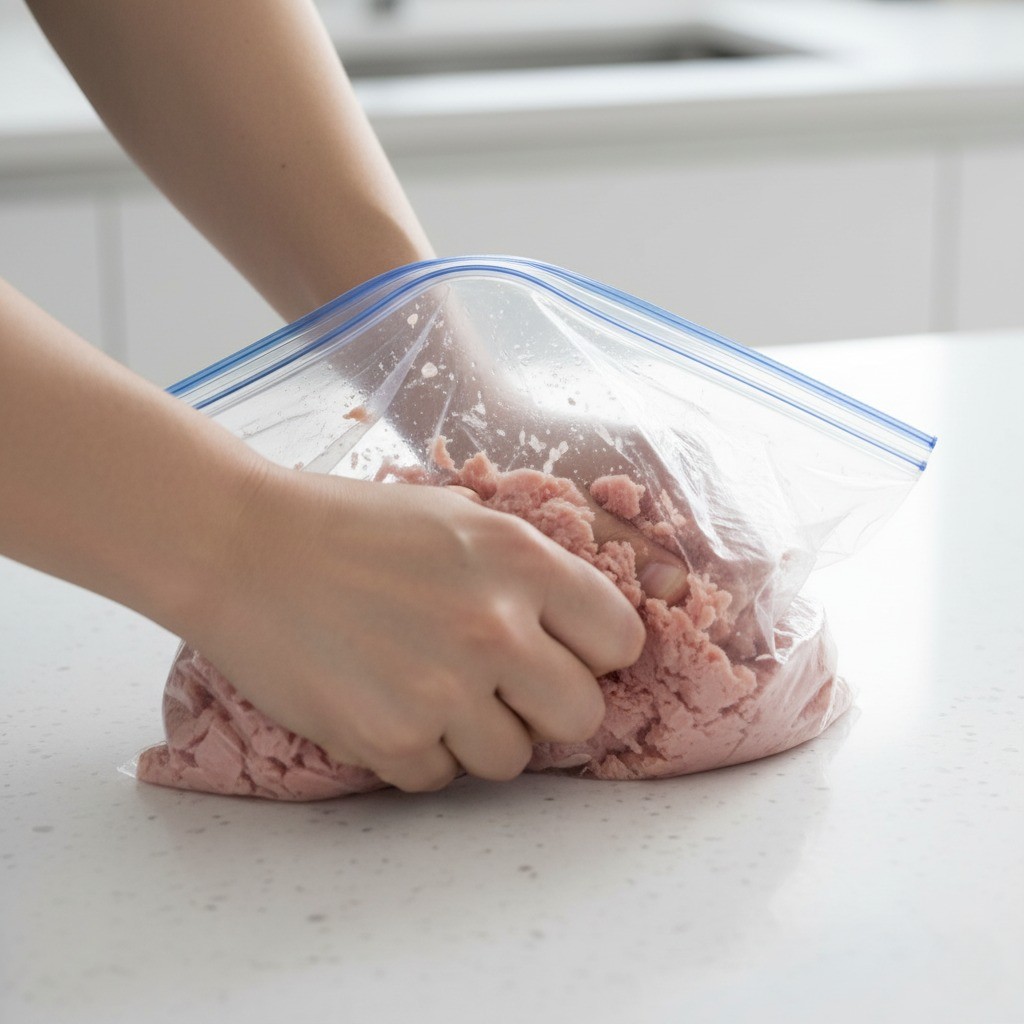 감자짜글이 1단계 - 비닐봉지에서 통조림 햄 으깨기