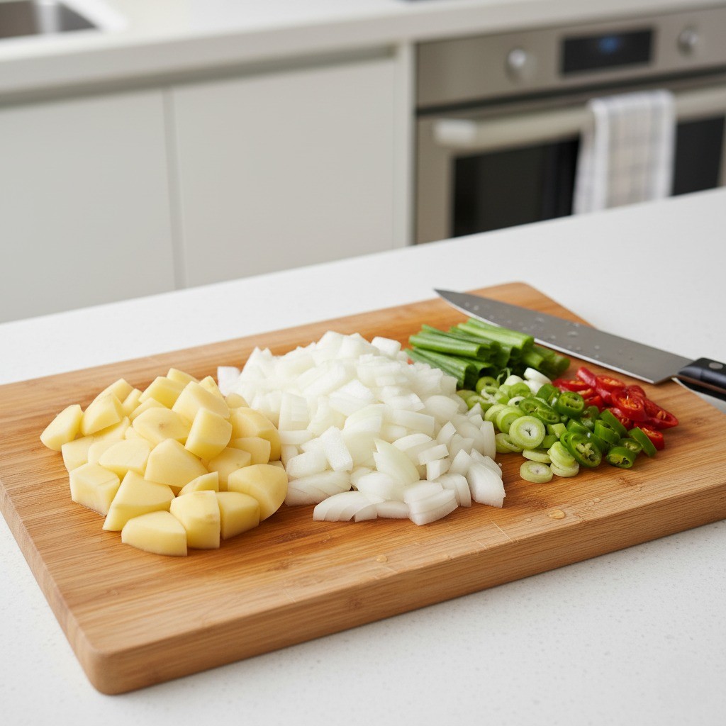 감자짜글이 2단계 - 깍둑 썬 감자와 양파, 어슷 썬 대파 고추