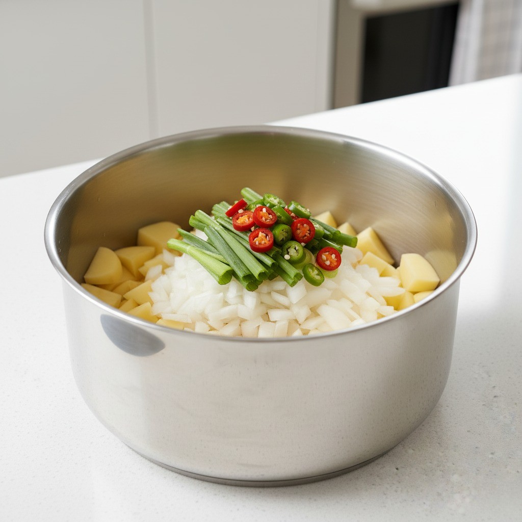 감자짜글이 3단계 - 냄비에 감자, 양파, 대파 순서대로 담기