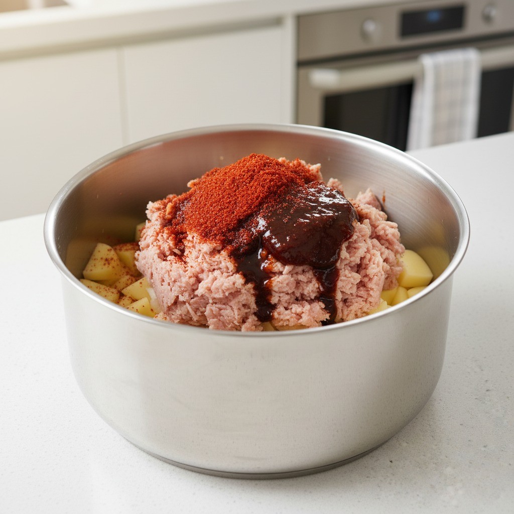 감자짜글이 4단계 - 냄비 속 채소 위에 으깬 햄과 양념장 올리기