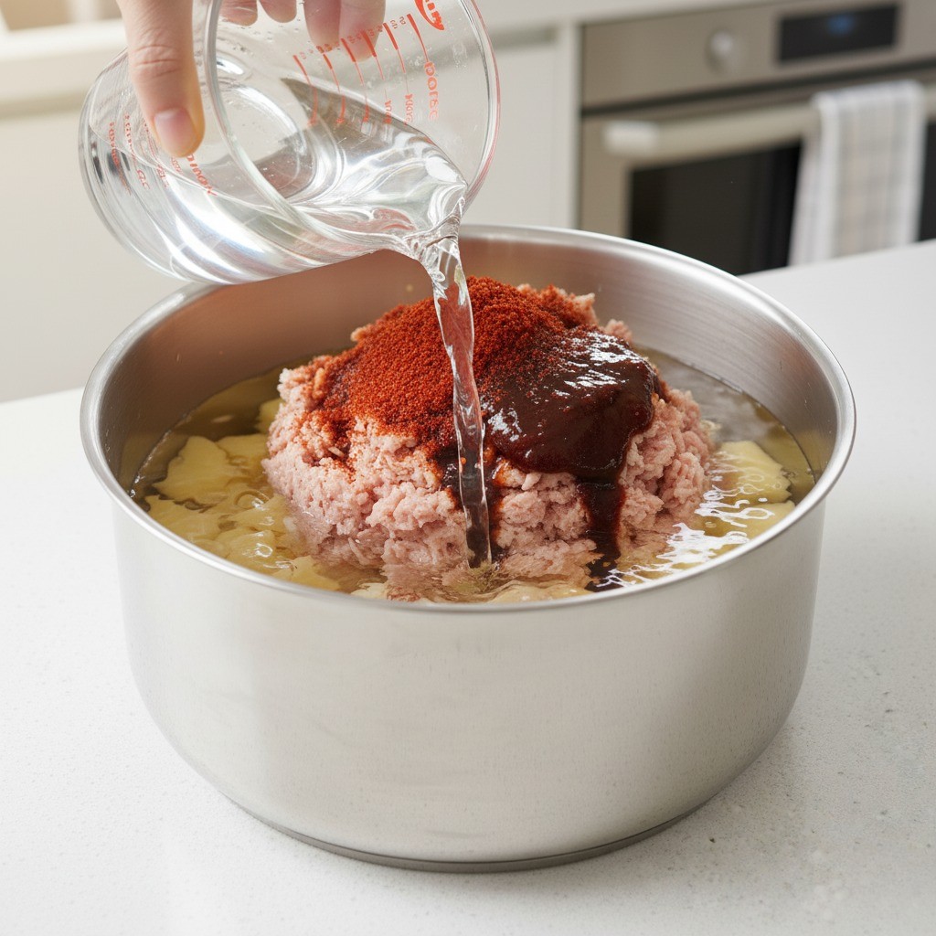 감자짜글이 5단계 - 재료가 자박하게 잠길 정도로 물 붓기